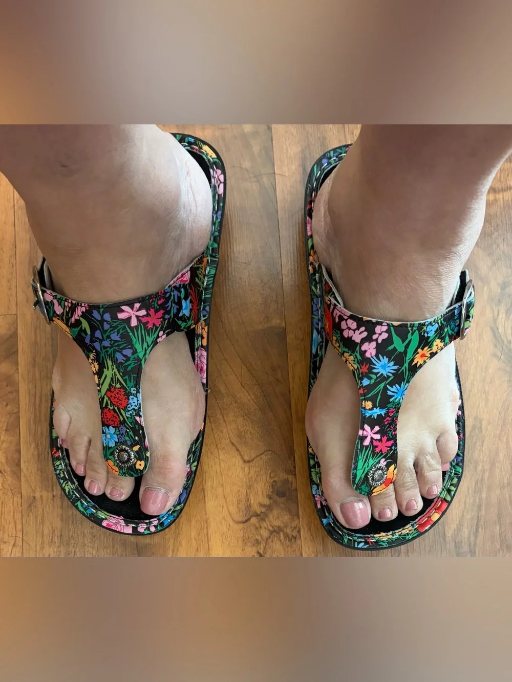 Alegria Floral Multicolor Black Platform Thong Sandals